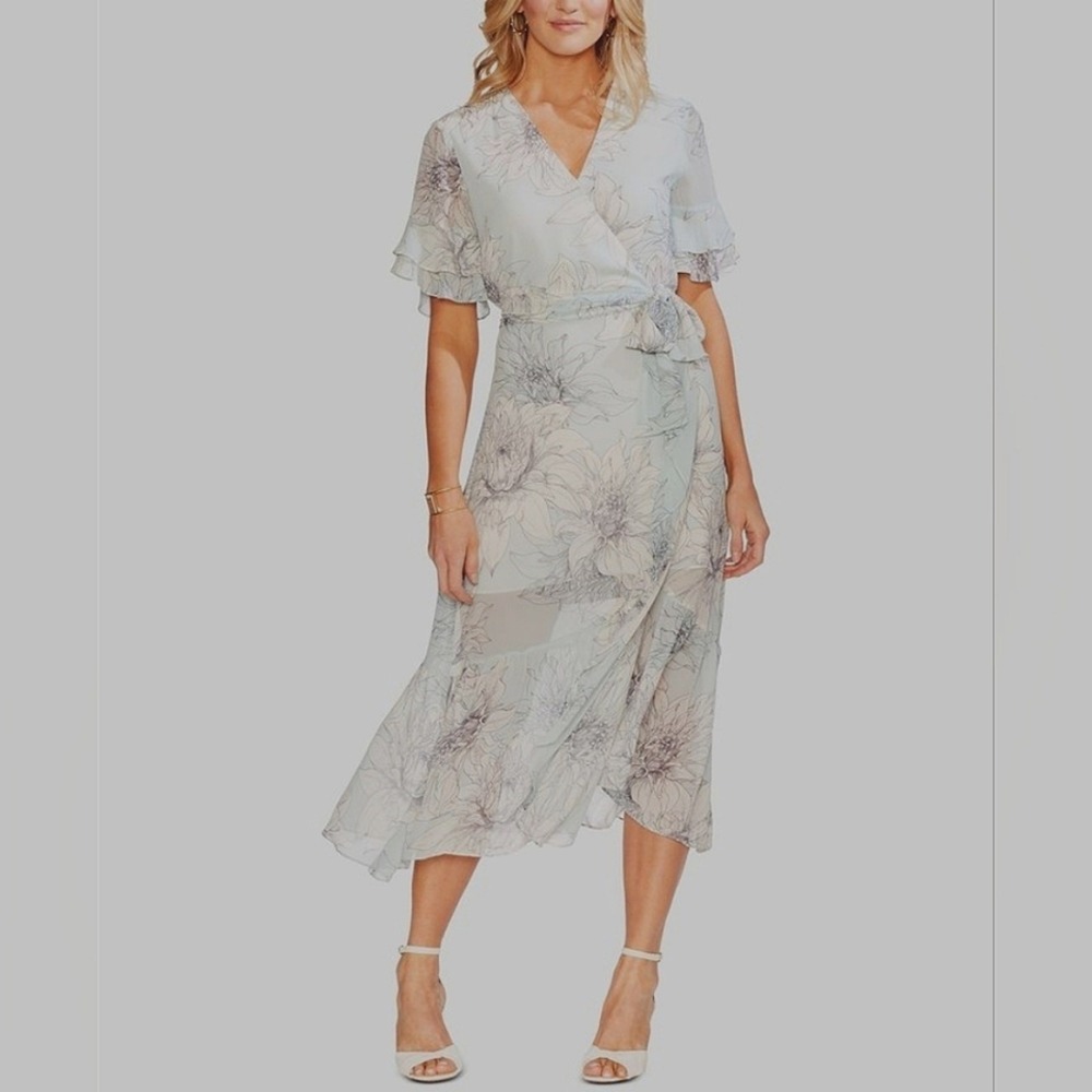 Vince Camuto Floral Printed Ruffle Faux-Wrap Midi Dress Light Blue White Size 2